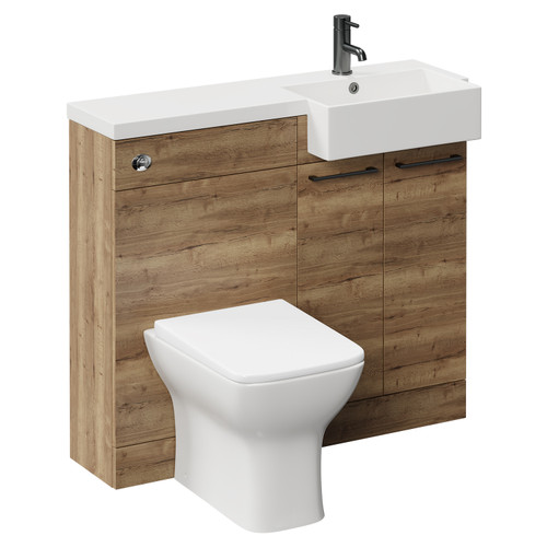 Napoli Combination Tobacco Oak 1000mm Vanity Unit Toilet Suite with Right Hand Square Semi Recessed 1 Tap Hole Basin and 2 Doors with Gunmetal Grey Handles  Left Hand View