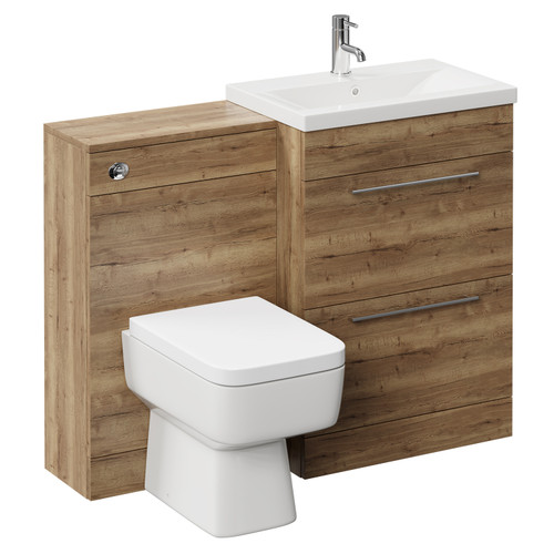 Napoli 390 Tobacco Oak 1100mm Vanity Unit Toilet Suite with 1 Tap Hole Glide Basin and 2 Drawers with Chrome Handles  Left Hand View