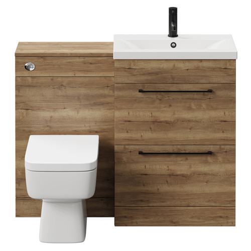 Napoli 390 Tobacco Oak 1100mm Vanity Unit Toilet Suite with 1 Tap Hole Glide Basin and 2 Drawers with Matt Black Handles Front View