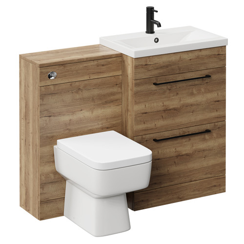 Napoli 390 Tobacco Oak 1100mm Vanity Unit Toilet Suite with 1 Tap Hole Glide Basin and 2 Drawers with Matt Black Handles Left Hand View