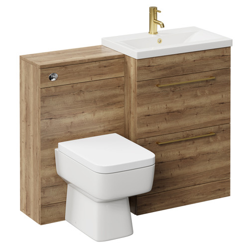 Napoli 390 Tobacco Oak 1100mm Vanity Unit Toilet Suite with 1 Tap Hole Glide Basin and 2 Drawers with Brushed Brass Handles Left Hand View