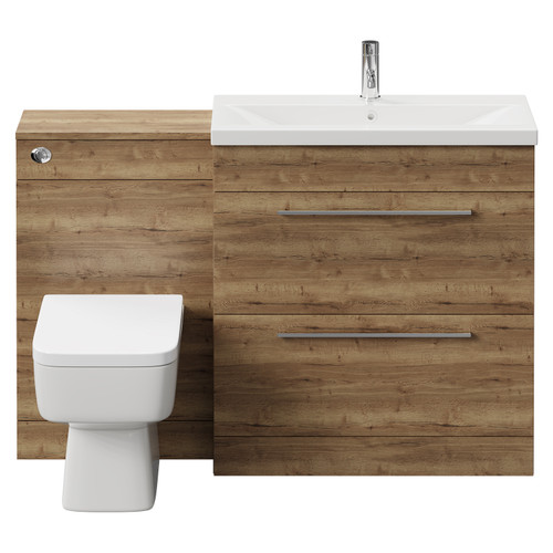 Napoli 390 Tobacco Oak 1300mm Vanity Unit Toilet Suite with 1 Tap Hole Glide Basin and 2 Drawers with Chrome Handles Front View