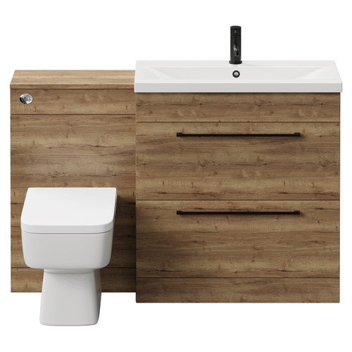 Napoli 390 Tobacco Oak 1300mm Vanity Unit Toilet Suite with 1 Tap Hole Glide Basin and 2 Drawers with Matt Black Handles Front View