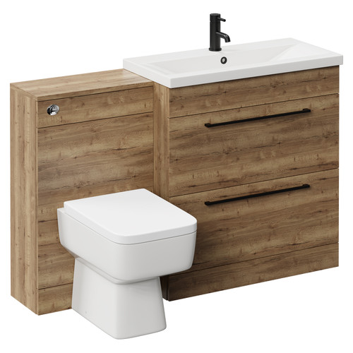 Napoli 390 Tobacco Oak 1300mm Vanity Unit Toilet Suite with 1 Tap Hole Glide Basin and 2 Drawers with Matt Black Handles Left Hand View