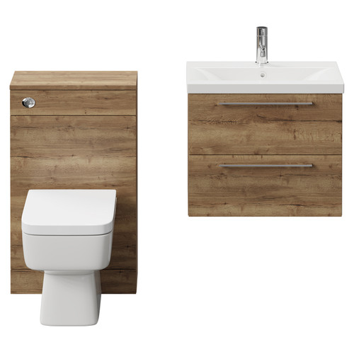 Napoli 390 Tobacco Oak 1100mm Wall Mounted Vanity Unit Toilet Suite with 1 Tap Hole Glide Basin and 2 Drawers with Chrome Handles Front View
