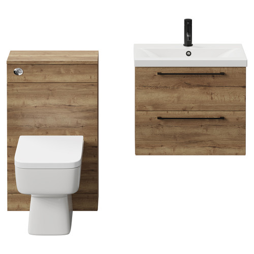 Napoli 390 Tobacco Oak 1100mm Wall Mounted Vanity Unit Toilet Suite with 1 Tap Hole Glide Basin and 2 Drawers with Matt Black Handles Front View Napoli 390 Tobacco Oak 1100mm Wall Mounted Vanity Unit Toilet Suite with 1 Tap Hole Glide Basin and 2 Drawers with Matt Black Handles Front View