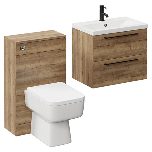 Napoli 390 Tobacco Oak 1100mm Wall Mounted Vanity Unit Toilet Suite with 1 Tap Hole Glide Basin and 2 Drawers with Matt Black Handles Left Hand View Napoli 390 Tobacco Oak 1100mm Wall Mounted Vanity Unit Toilet Suite with 1 Tap Hole Glide Basin and 2 Drawers with Matt Black Handles Left Hand View