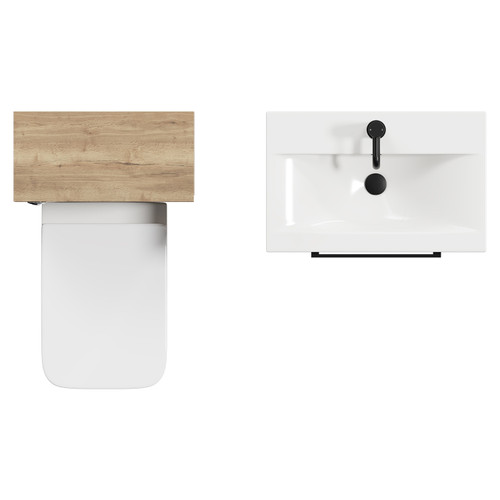 Napoli 390 Tobacco Oak 1100mm Wall Mounted Vanity Unit Toilet Suite with 1 Tap Hole Glide Basin and 2 Drawers with Matt Black Handles View from Top Napoli 390 Tobacco Oak 1100mm Wall Mounted Vanity Unit Toilet Suite with 1 Tap Hole Glide Basin and 2 Drawers with Matt Black Handles View from Top