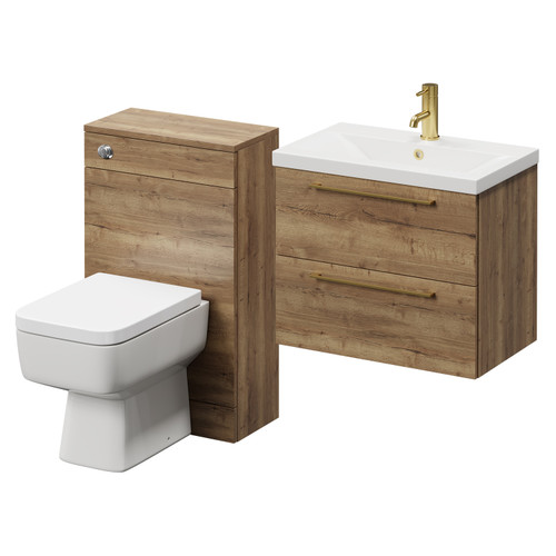 Napoli 390 Tobacco Oak 1100mm Wall Mounted Vanity Unit Toilet Suite with 1 Tap Hole Glide Basin and 2 Drawers with Brushed Brass Handles Right Hand View