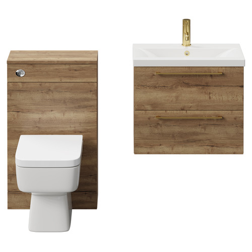Napoli 390 Tobacco Oak 1100mm Wall Mounted Vanity Unit Toilet Suite with 1 Tap Hole Glide Basin and 2 Drawers with Brushed Brass Handles Front View