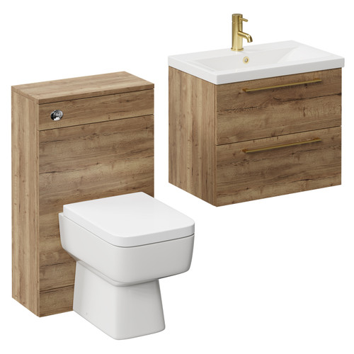 Napoli 390 Tobacco Oak 1100mm Wall Mounted Vanity Unit Toilet Suite with 1 Tap Hole Glide Basin and 2 Drawers with Brushed Brass Handles Left Hand View