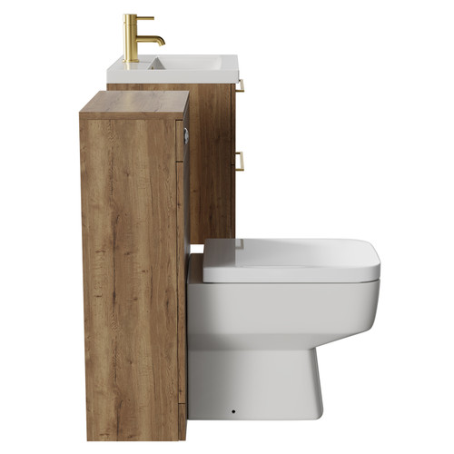 Napoli 390 Tobacco Oak 1100mm Wall Mounted Vanity Unit Toilet Suite with 1 Tap Hole Glide Basin and 2 Drawers with Brushed Brass Handles Side View