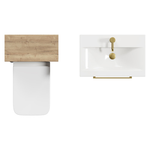 Napoli 390 Tobacco Oak 1100mm Wall Mounted Vanity Unit Toilet Suite with 1 Tap Hole Glide Basin and 2 Drawers with Brushed Brass Handles View from Top