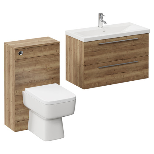 Napoli 390 Tobacco Oak 1300mm Wall Mounted Vanity Unit Toilet Suite with 1 Tap Hole Glide Basin and 2 Drawers with Chrome Handles Left Hand View
