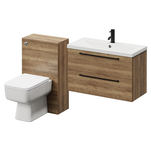 Napoli 390 Tobacco Oak 1300mm Wall Mounted Vanity Unit Toilet Suite with 1 Tap Hole Glide Basin and 2 Drawers with Matt Black Handles Right Hand View