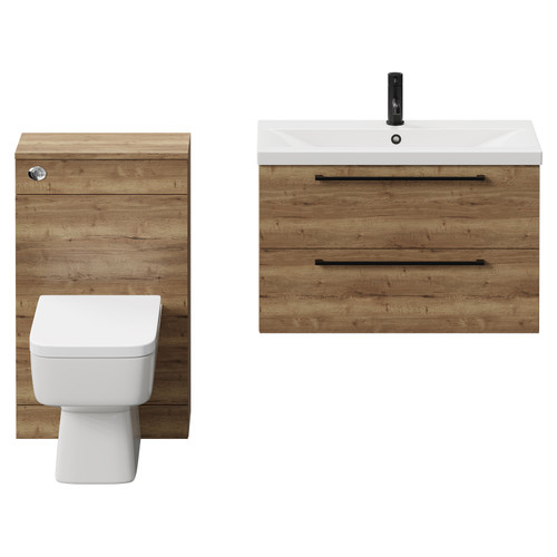 Napoli 390 Tobacco Oak 1300mm Wall Mounted Vanity Unit Toilet Suite with 1 Tap Hole Glide Basin and 2 Drawers with Matt Black Handles Front View