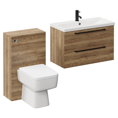 Napoli 390 Tobacco Oak 1300mm Wall Mounted Vanity Unit Toilet Suite with 1 Tap Hole Glide Basin and 2 Drawers with Matt Black Handles Left Hand View