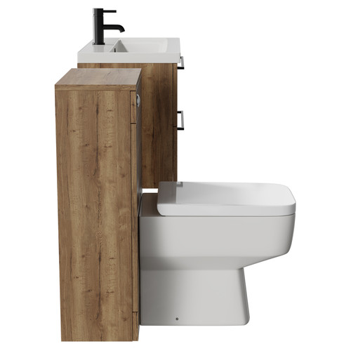 Napoli 390 Tobacco Oak 1300mm Wall Mounted Vanity Unit Toilet Suite with 1 Tap Hole Glide Basin and 2 Drawers with Matt Black Handles Side View