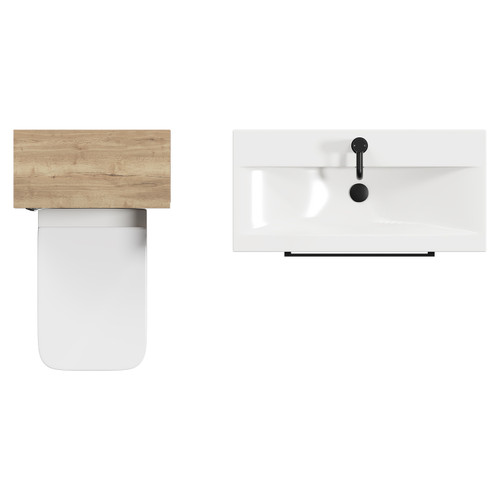 Napoli 390 Tobacco Oak 1300mm Wall Mounted Vanity Unit Toilet Suite with 1 Tap Hole Glide Basin and 2 Drawers with Matt Black Handles View from Top