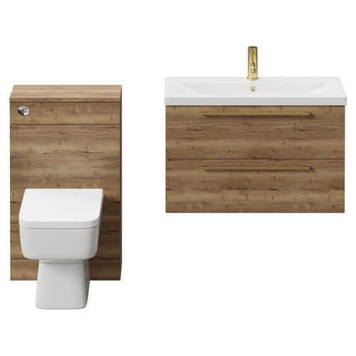 Napoli 390 Tobacco Oak 1300mm Wall Mounted Vanity Unit Toilet Suite with 1 Tap Hole Glide Basin and 2 Drawers with Brushed Brass Handles Front View Napoli 390 Tobacco Oak 1300mm Wall Mounted Vanity Unit Toilet Suite with 1 Tap Hole Glide Basin and 2 Drawers with Brushed Brass Handles Front View