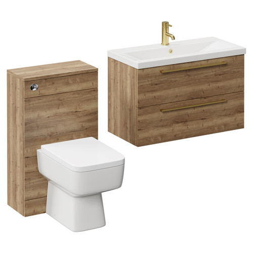 Napoli 390 Tobacco Oak 1300mm Wall Mounted Vanity Unit Toilet Suite with 1 Tap Hole Glide Basin and 2 Drawers with Brushed Brass Handles Left Hand View Napoli 390 Tobacco Oak 1300mm Wall Mounted Vanity Unit Toilet Suite with 1 Tap Hole Glide Basin and 2 Drawers with Brushed Brass Handles Left Hand View