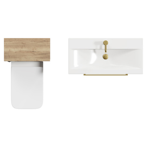 Napoli 390 Tobacco Oak 1300mm Wall Mounted Vanity Unit Toilet Suite with 1 Tap Hole Glide Basin and 2 Drawers with Brushed Brass Handles View from Top Napoli 390 Tobacco Oak 1300mm Wall Mounted Vanity Unit Toilet Suite with 1 Tap Hole Glide Basin and 2 Drawers with Brushed Brass Handles View from Top