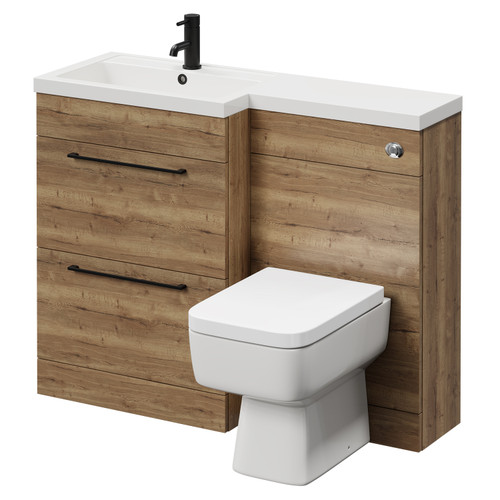 Napoli 390 Combination Tobacco Oak 1100mm Vanity Unit Toilet Suite with Left Hand L Shaped 1 Tap Hole Basin and 2 Drawers with Matt Black Handles Right Hand View