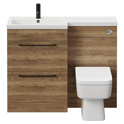 Napoli 390 Combination Tobacco Oak 1100mm Vanity Unit Toilet Suite with Left Hand L Shaped 1 Tap Hole Basin and 2 Drawers with Matt Black Handles Front View