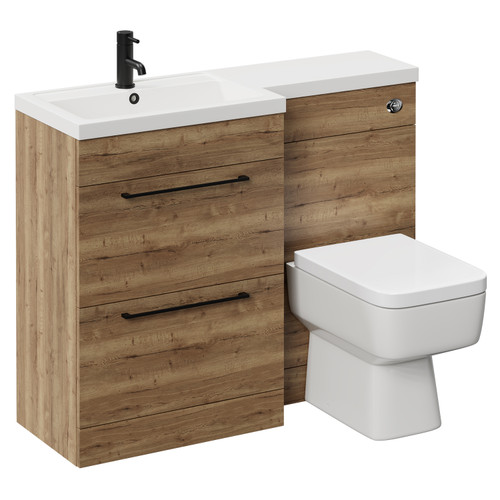 Napoli 390 Combination Tobacco Oak 1100mm Vanity Unit Toilet Suite with Left Hand L Shaped 1 Tap Hole Basin and 2 Drawers with Matt Black Handles Left Hand View