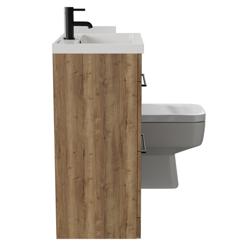 Napoli 390 Combination Tobacco Oak 1100mm Vanity Unit Toilet Suite with Left Hand L Shaped 1 Tap Hole Basin and 2 Drawers with Matt Black Handles Side View