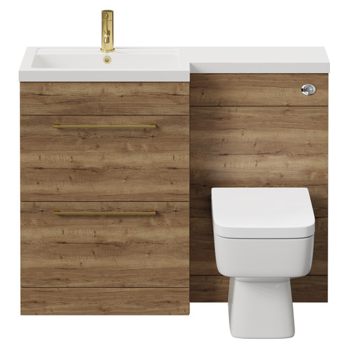 Napoli 390 Combination Tobacco Oak 1100mm Vanity Unit Toilet Suite with Left Hand L Shaped 1 Tap Hole and 2 Drawers with Brushed Brass Handles Front View