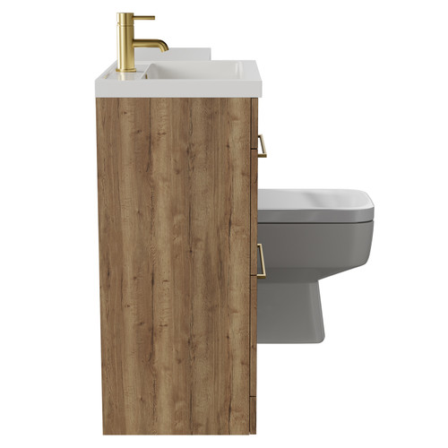 Napoli 390 Combination Tobacco Oak 1100mm Vanity Unit Toilet Suite with Left Hand L Shaped 1 Tap Hole and 2 Drawers with Brushed Brass Handles Side View