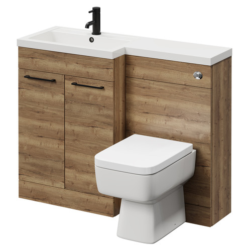 Napoli 390 Combination Tobacco Oak 1100mm Vanity Unit Toilet Suite with Left Hand L Shaped 1 Tap Hole Basin and 2 Doors with Matt Black Handles Right Hand View