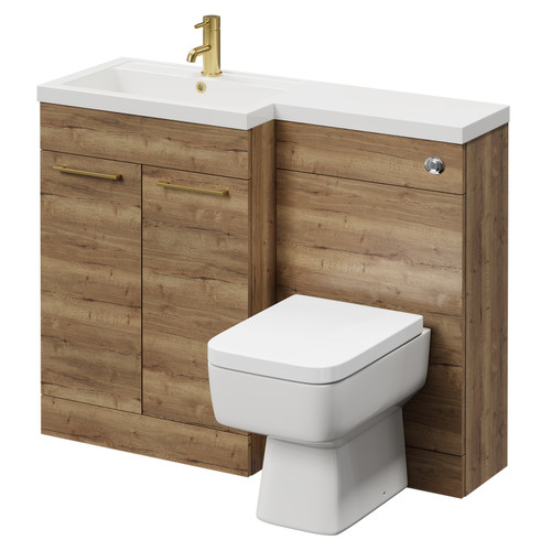 Napoli 390 Combination Tobacco Oak 1100mm Vanity Unit Toilet Suite with Left Hand L Shaped 1 Tap Hole Basin and 2 Doors with Brushed Brass Handles Right Hand View