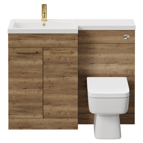 Napoli 390 Combination Tobacco Oak 1100mm Vanity Unit Toilet Suite with Left Hand L Shaped 1 Tap Hole Basin and 2 Doors with Brushed Brass Handles Front View