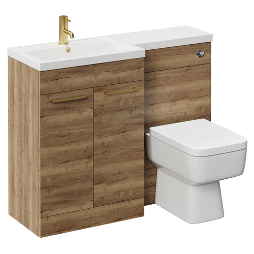 Napoli 390 Combination Tobacco Oak 1100mm Vanity Unit Toilet Suite with Left Hand L Shaped 1 Tap Hole Basin and 2 Doors with Brushed Brass Handles Left Hand View