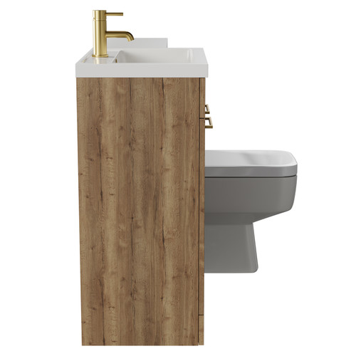 Napoli 390 Combination Tobacco Oak 1100mm Vanity Unit Toilet Suite with Left Hand L Shaped 1 Tap Hole Basin and 2 Doors with Brushed Brass Handles Side View