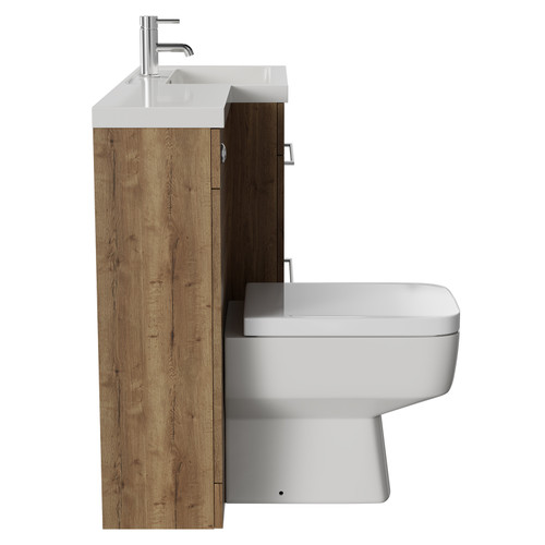 Napoli 390 Combination Tobacco Oak 1100mm Vanity Unit Toilet Suite with Right Hand L Shaped 1 Tap Hole Basin and 2 Drawers with Chrome Handles Side View