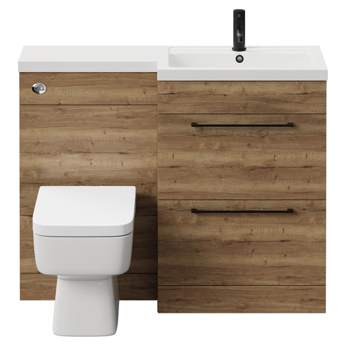 Napoli 390 Combination Tobacco Oak 1100mm Vanity Unit Toilet Suite with Right Hand L Shaped 1 Tap Hole Basin and 2 Drawers with Matt Black Handles Front View