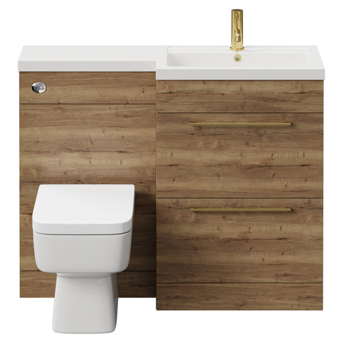 Napoli 390 Combination Tobacco Oak 1100mm Vanity Unit Toilet Suite with Right Hand L Shaped 1 Tap Hole Basin and 2 Drawers with Brushed Brass Handles Front View