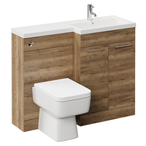 Napoli 390 Combination Tobacco Oak 1100mm Vanity Unit Toilet Suite with Right Hand L Shaped 1 Tap Hole Basin and 2 Doors with Chrome Handles Left Hand View