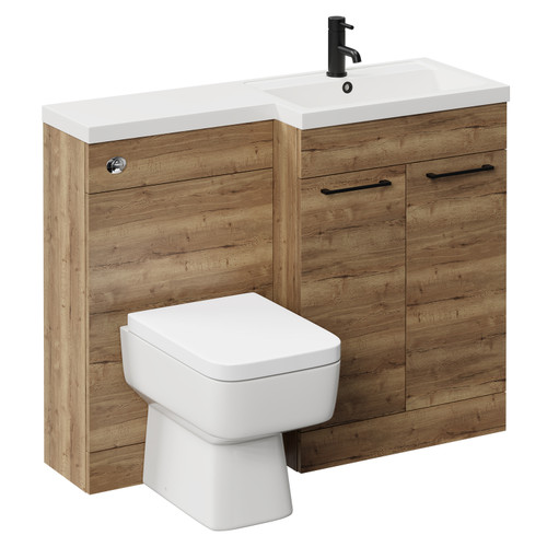 Napoli 390 Combination Tobacco Oak 1100mm Vanity Unit Toilet Suite with Right Hand L Shaped 1 Tap Hole Basin and 2 Doors with Matt Black Handles Left Hand View