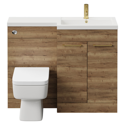 Napoli 390 Combination Tobacco Oak 1100mm Vanity Unit Toilet Suite with Right Hand L Shaped 1 Tap Hole Basin and 2 Doors with Brushed Brass Handles Front View