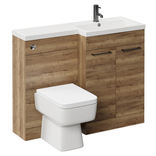 Napoli 390 Combination Tobacco Oak 1100mm Vanity Unit Toilet Suite with Right Hand L Shaped 1 Tap Hole Basin and 2 Doors with Gunmetal Grey Handles Left Hand View