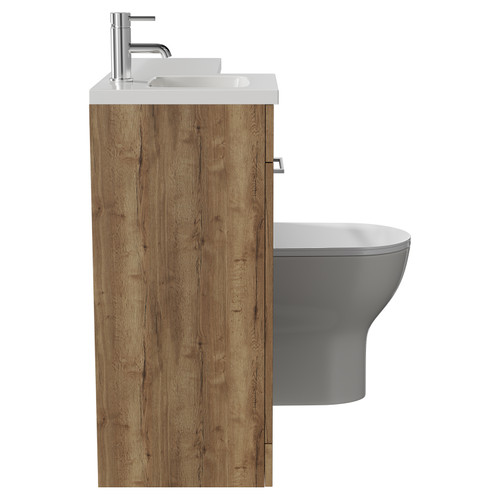 Napoli Combination Tobacco Oak 900mm Vanity Unit Toilet Suite with Left Hand L Shaped 1 Tap Hole Round Basin and Single Door with Chrome Handle Side View