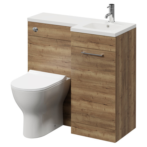 Napoli Combination Tobacco Oak 900mm Vanity Unit Toilet Suite with Right Hand L Shaped 1 Tap Hole Round Basin and Single Door with Chrome Handle Right Hand View