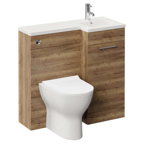 Napoli Combination Tobacco Oak 900mm Vanity Unit Toilet Suite with Right Hand L Shaped 1 Tap Hole Round Basin and Single Door with Chrome Handle Left Hand View