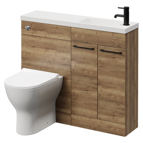 Napoli Combination Tobacco Oak 1000mm Vanity Unit Toilet Suite with Slimline 1 Tap Hole Round Basin and 2 Doors with Matt Black Handles Right Hand View