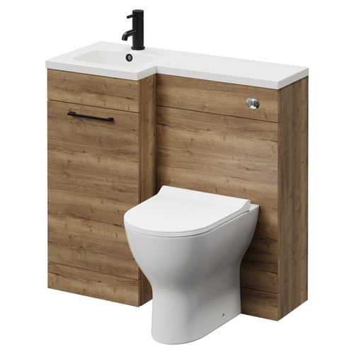 Napoli Combination Tobacco Oak 900mm Vanity Unit Toilet Suite with Left Hand L Shaped 1 Tap Hole Round Basin and Single Door with Matt Black Handle Right Hand View