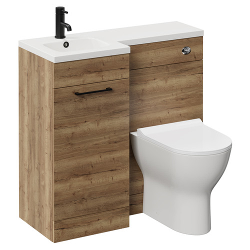 Napoli Combination Tobacco Oak 900mm Vanity Unit Toilet Suite with Left Hand L Shaped 1 Tap Hole Round Basin and Single Door with Matt Black Handle Left Hand View